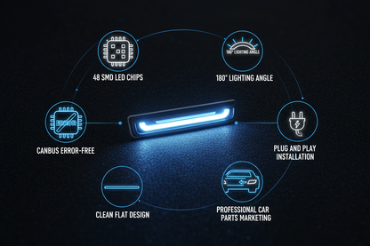 Infographic showing LED taillight features: 48 SMD chips, 180-degree angle, CANBUS error-free, plug and play