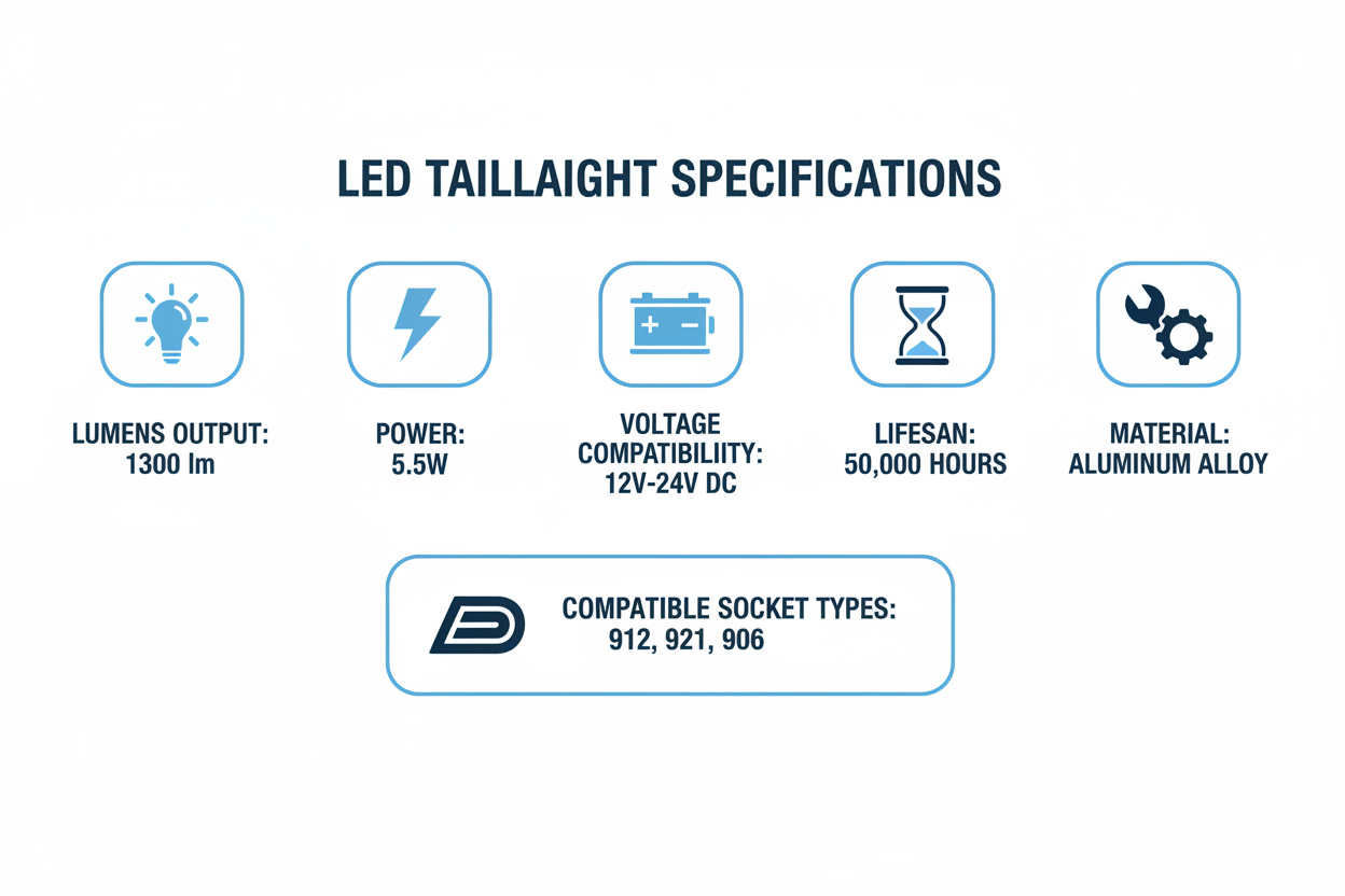 Specifications chart for universal LED taillights showing lumens, wattage, voltage, lifespan, and compatible socket types