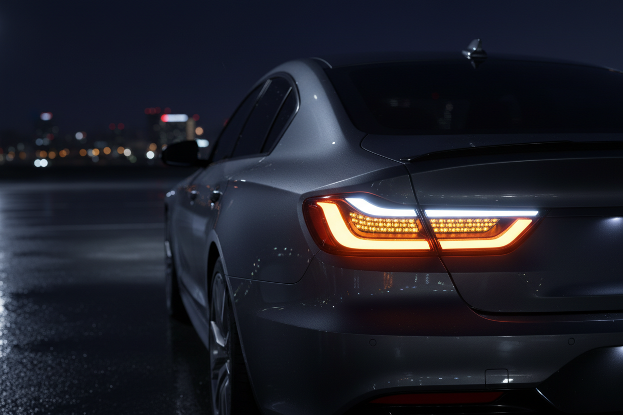 Universal LED taillights glowing bright white and amber installed on rear of modern car at night