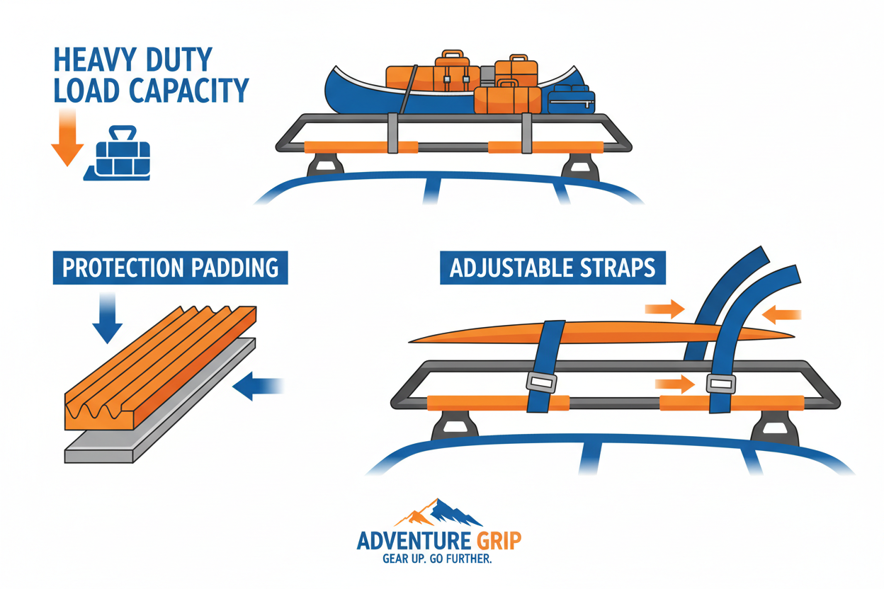 Infographic showing padded car roof rack features including heavy duty capacity, protection padding, and adjustable straps