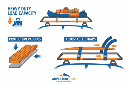 Infographic showing padded car roof rack features including heavy duty capacity, protection padding, and adjustable straps