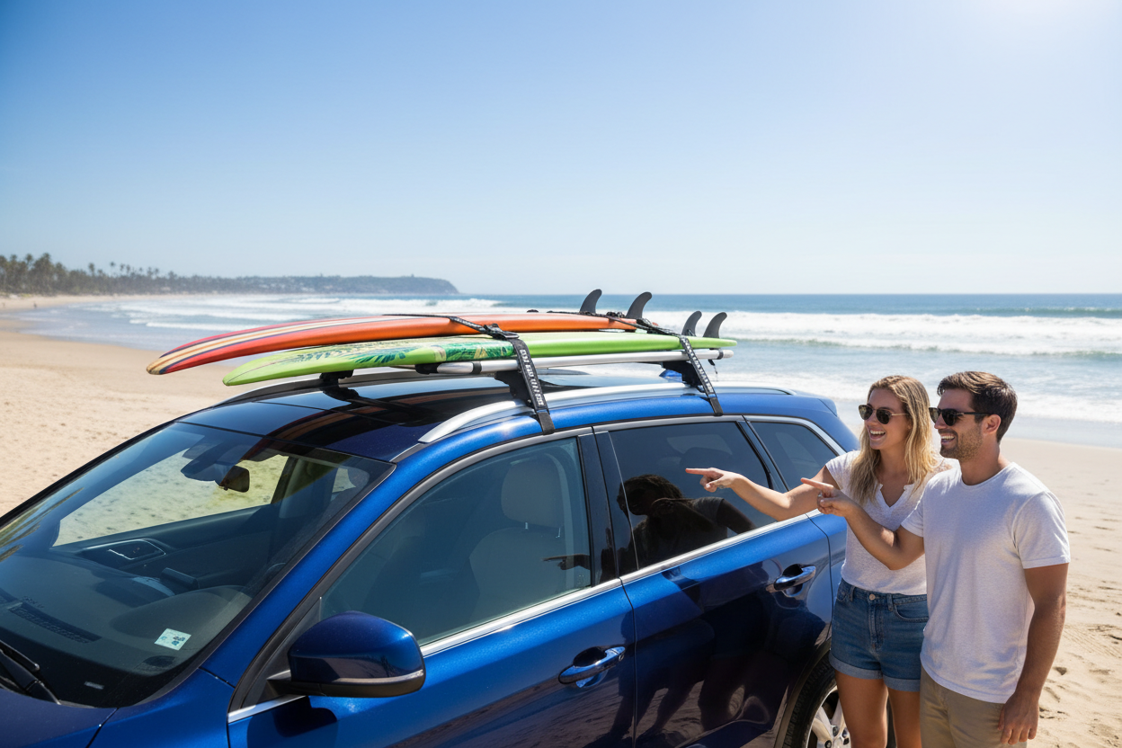 Universal padded car roof rack mounted on SUV at beach with surfboards strapped on top