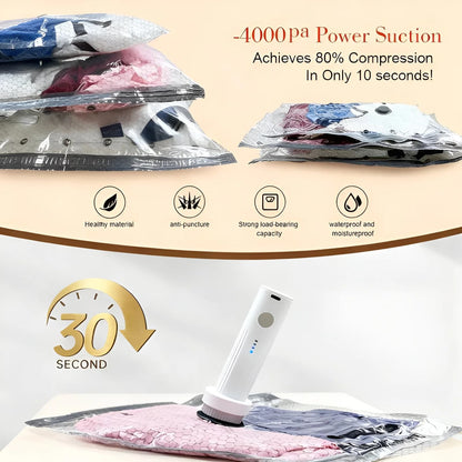 Vacuum sealing device with packaging and text highlighting features on a beige background