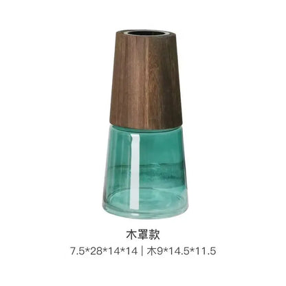 Vase with wooden top and glass body on a white background