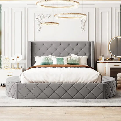 Grey Velvet Queen Storage Bed Platform Frame with 2 Stools & Large Drawer - 