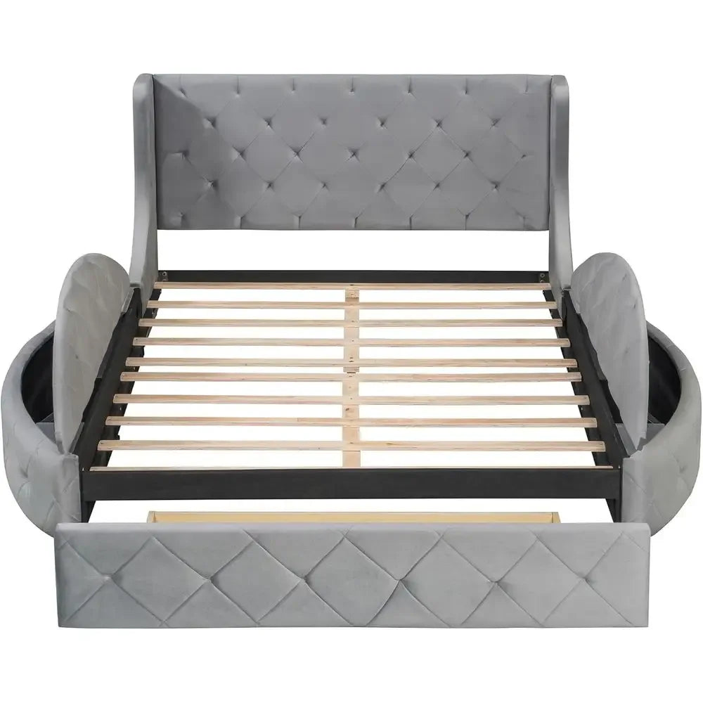 Grey Velvet Queen Storage Bed Platform Frame with 2 Stools & Large Drawer - 
