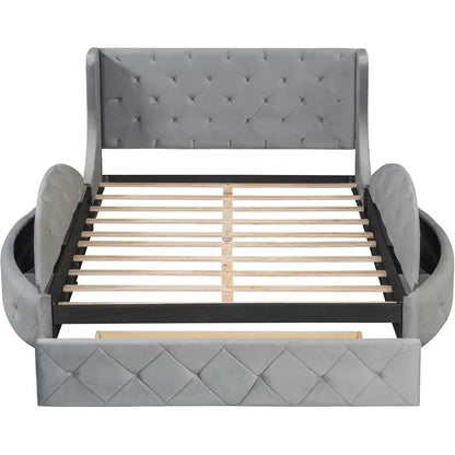 Grey Velvet Queen Storage Bed Platform Frame with 2 Stools & Large Drawer - 