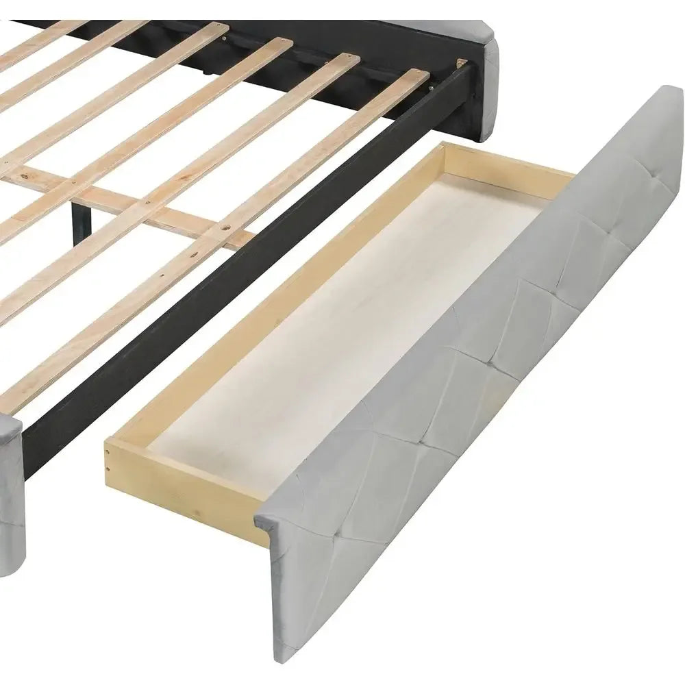 Grey Velvet Queen Storage Bed Platform Frame with 2 Stools & Large Drawer - 