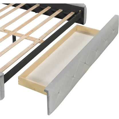 Grey Velvet Queen Storage Bed Platform Frame with 2 Stools & Large Drawer - 