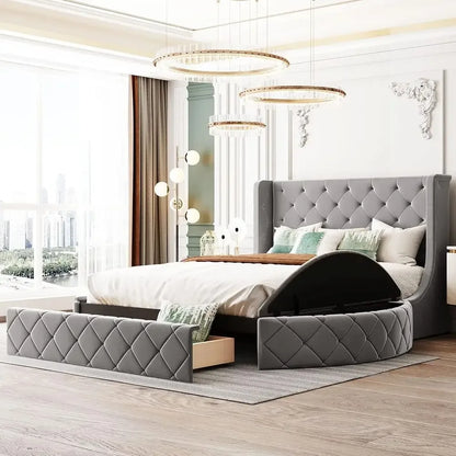 Grey Velvet Queen Storage Bed Platform Frame with 2 Stools & Large Drawer - 