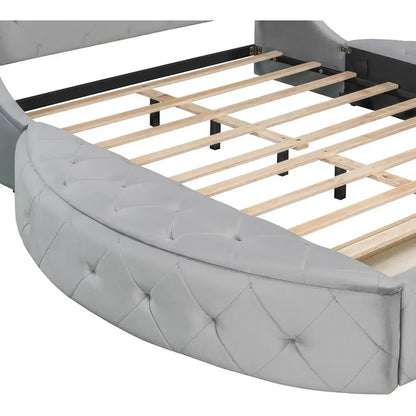Grey Velvet Queen Storage Bed Platform Frame with 2 Stools & Large Drawer - 