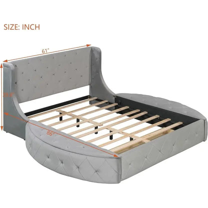 Grey Velvet Queen Storage Bed Platform Frame with 2 Stools & Large Drawer - 