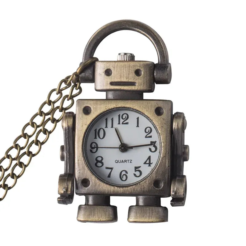 Vintage-style robot clock with a chain on a white background