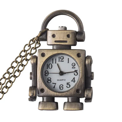 Vintage-style robot clock with a chain on a white background