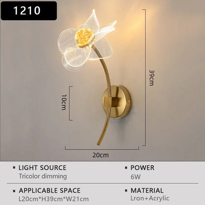Wall-mounted lamp with floral design and dimensions on a gray background