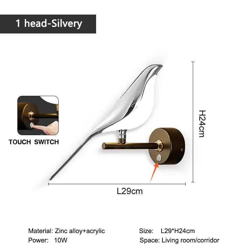 Wall-mounted lamp with silver head and black base, featuring a touch switch, on a white background with dimensions and material details.