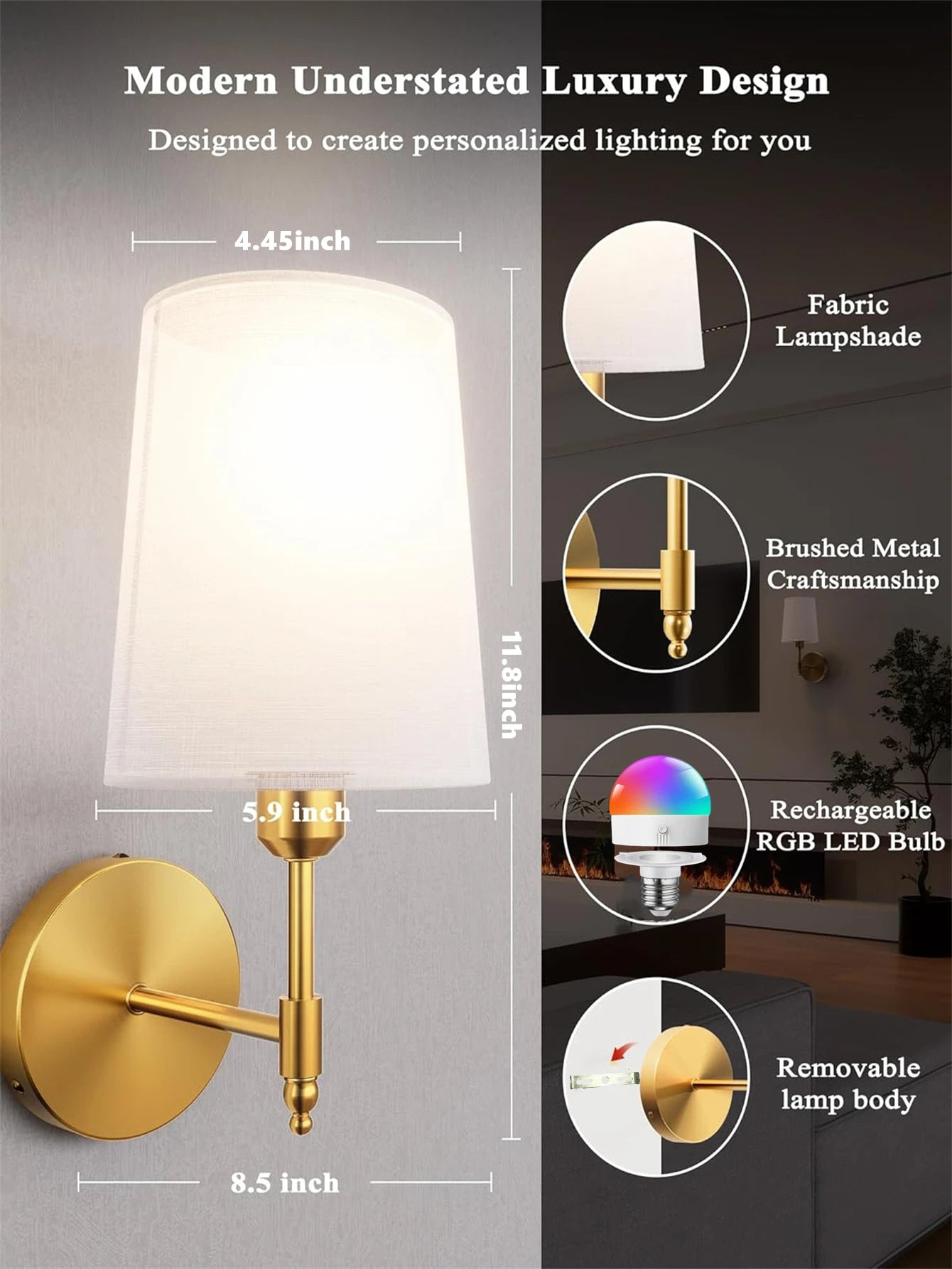 Wall-mounted light fixture with gold finish and white lampshade, featuring text on design and features.