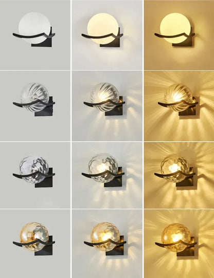 Wall sconce with glass shade in various lighting conditions