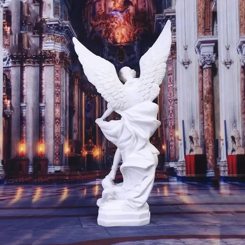 Archangel Saint Michael Statue – Angel Warrior Defeating Demon Resin Sculpture - White