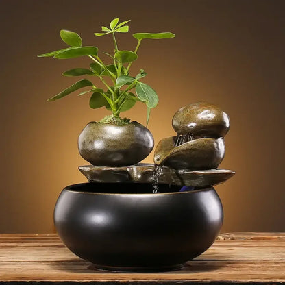 Ceramic Zen Cat Water Fountain Silent Desktop Waterfall & Landscape Pet Drinker Lead-Free - B / USB