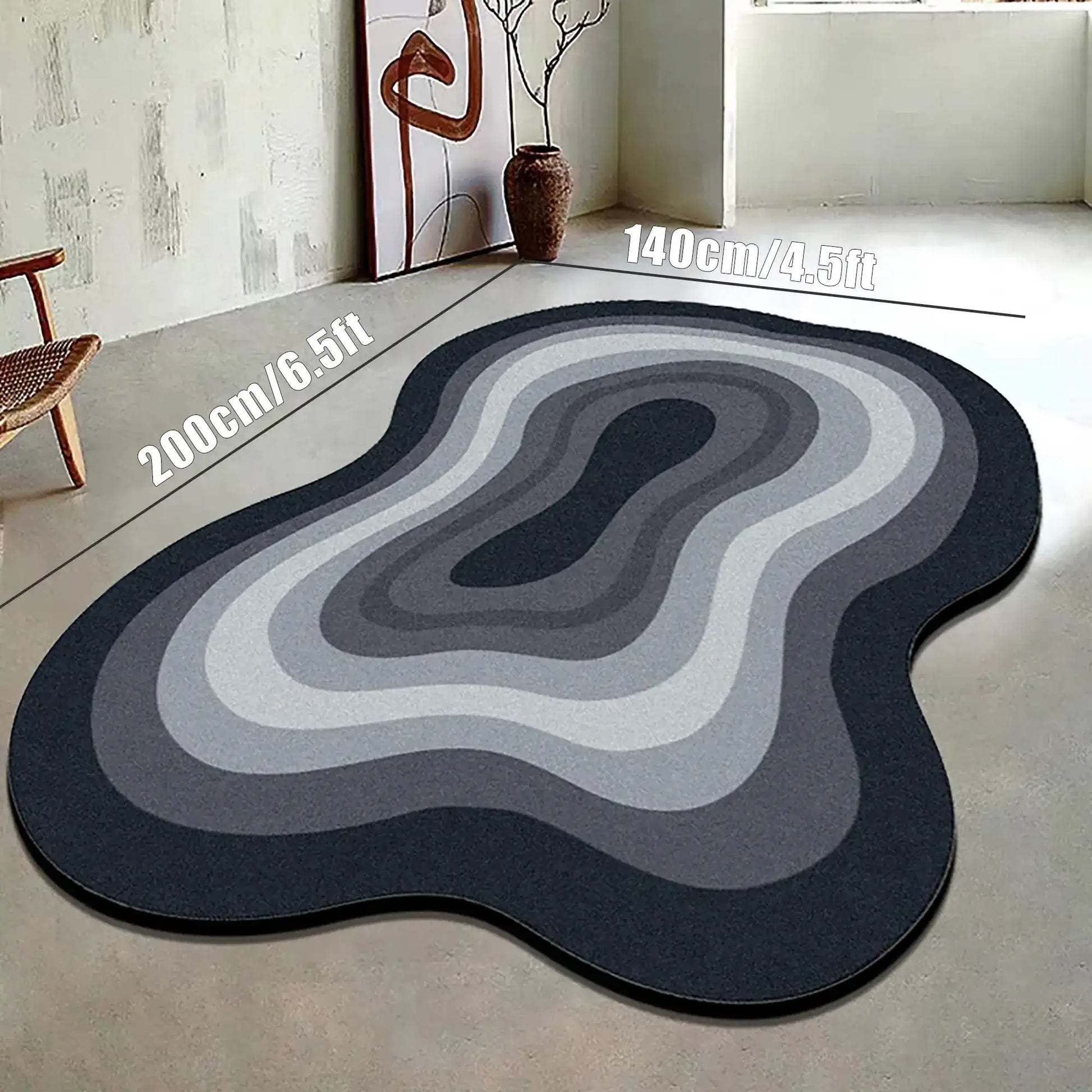 Wavy-patterned rug on a concrete floor with measurements indicated
