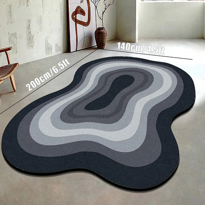 Wavy-patterned rug on a concrete floor with measurements indicated