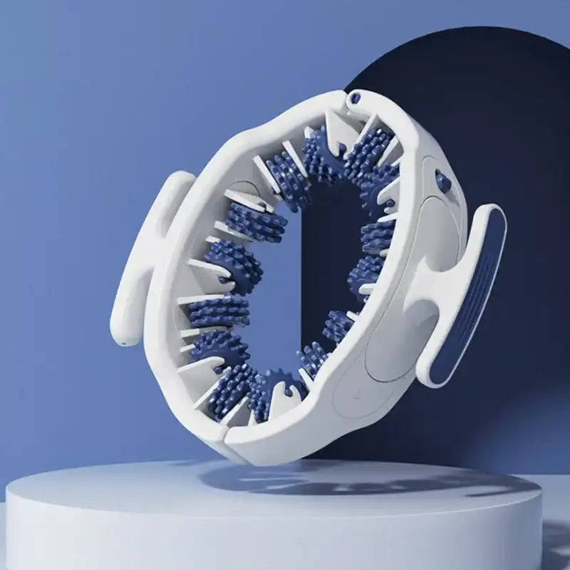 White and blue circular device on a blue background