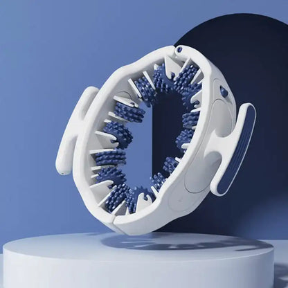 White and blue circular device on a blue background