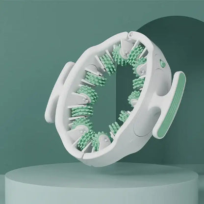 White and green circular device with bristle-like structure on a teal background
