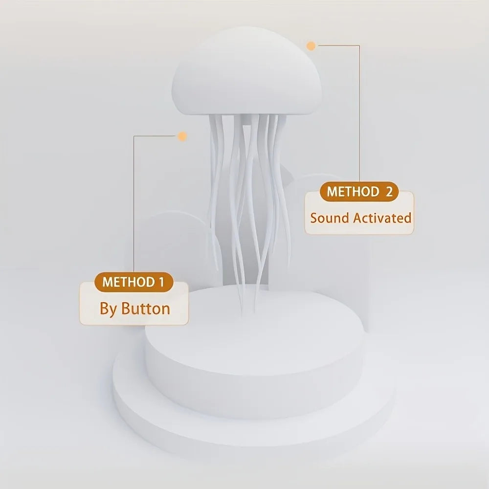 White jellyfish-shaped lamp with two activation methods labeled on a light gray background