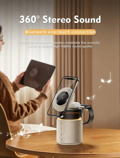 White portable speaker on a wooden table with text about 360-degree stereo sound and Bluetooth connection.