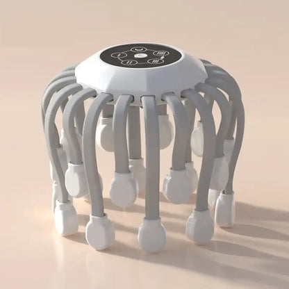 White scalp massager with adjustable legs on a beige background