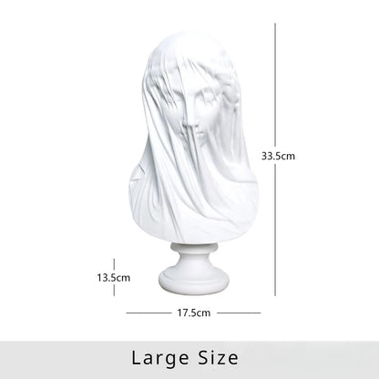 White statue with draped cloth on a white background, showing measurements.