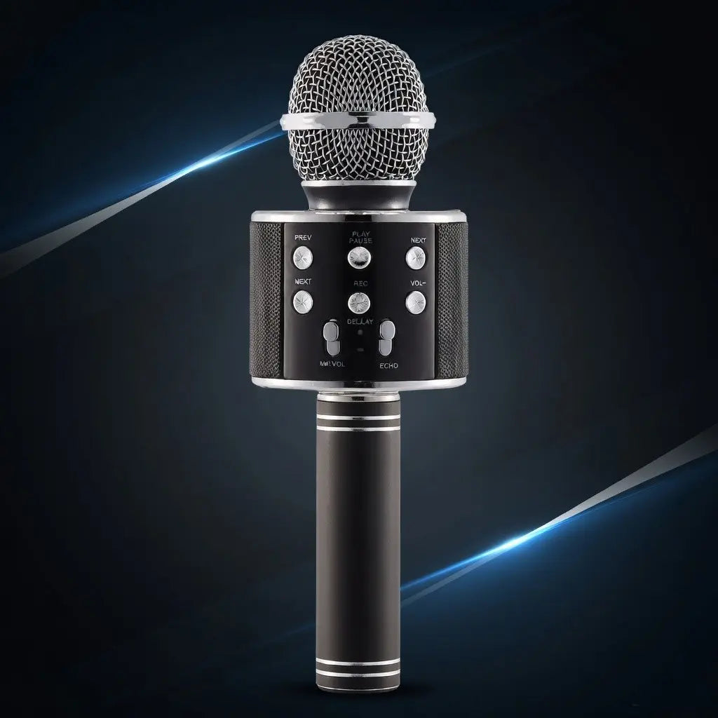 Black wireless microphone with control buttons on a dark background