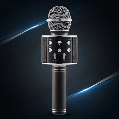Black wireless microphone with control buttons on a dark background