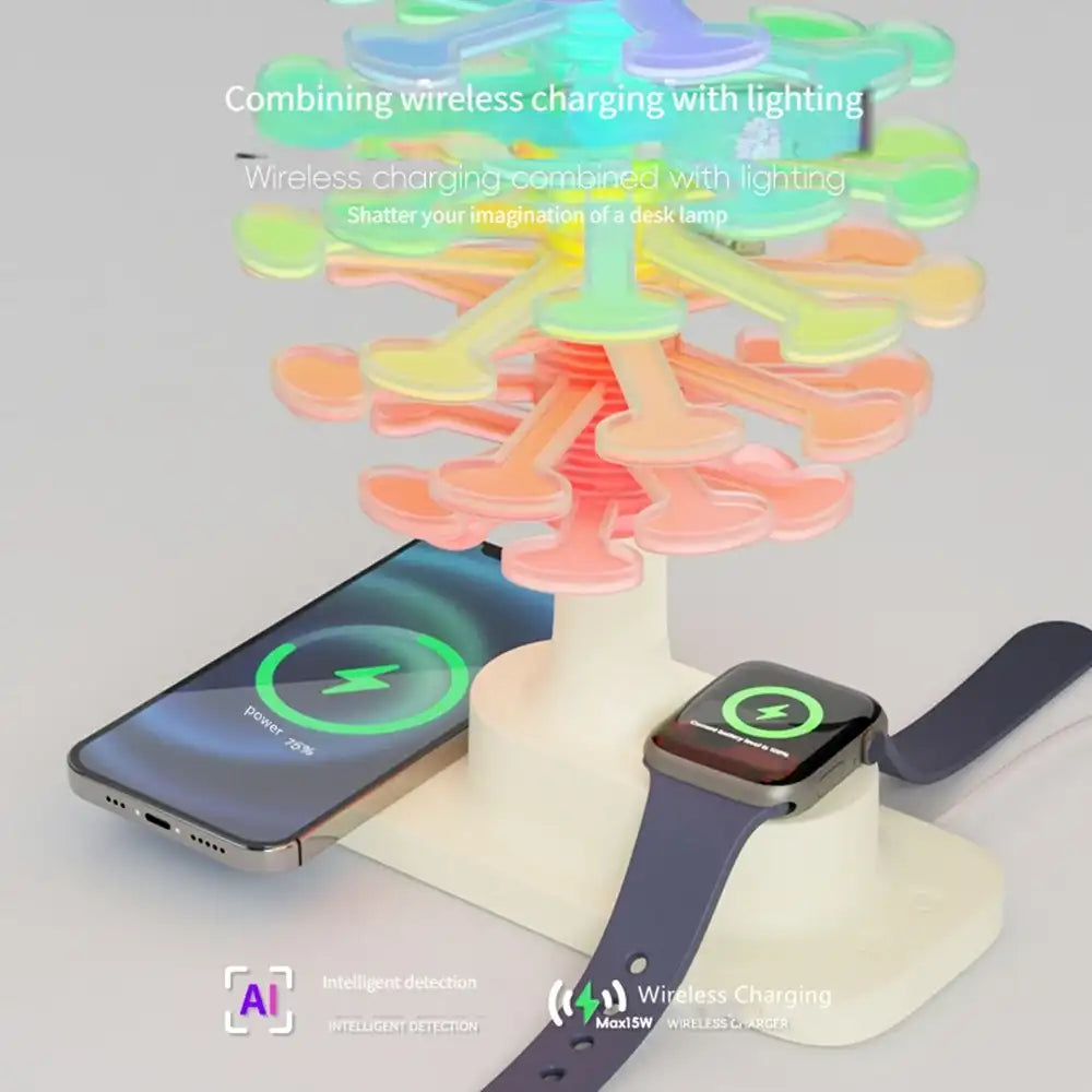 Wireless charging station with smartphone, smartwatch, and colorful lamp on a light gray background