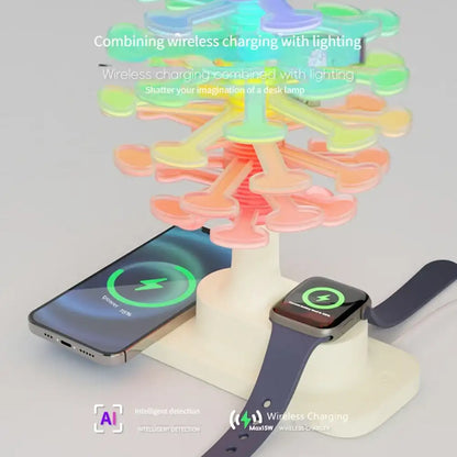 Wireless charging station with smartphone, smartwatch, and colorful lamp on a light gray background