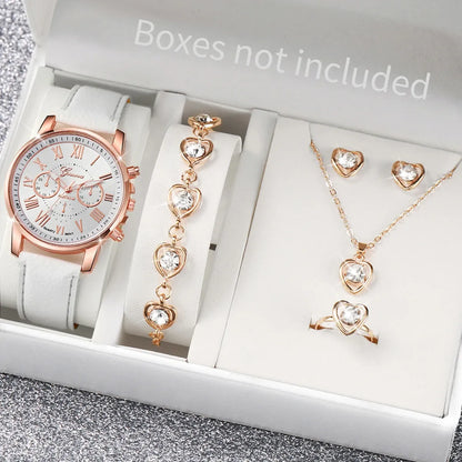 Rose gold watch, bracelet, necklace, and ring set with 'Boxes not included' text.