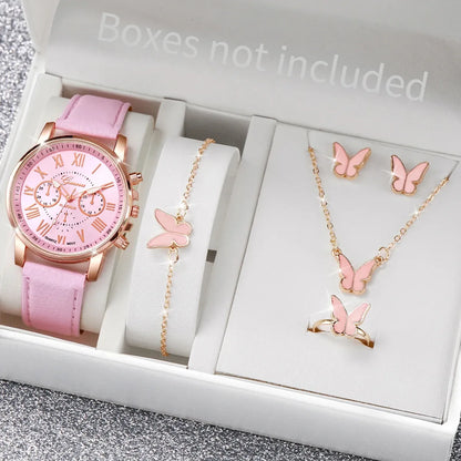 Pink watch and butterfly-themed jewelry set with 'Boxes not included' text.
