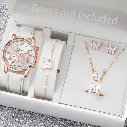 Rose gold watch, bracelet, and butterfly-themed jewelry set in a box with 'Boxes not included' text.