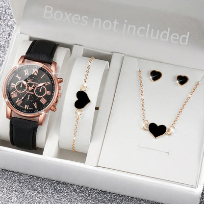 Watch and jewelry set with heart designs in a box labeled 'Boxes not included'.