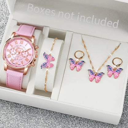 Pink watch and butterfly-themed jewelry set in a box with 'Boxes not included' text.