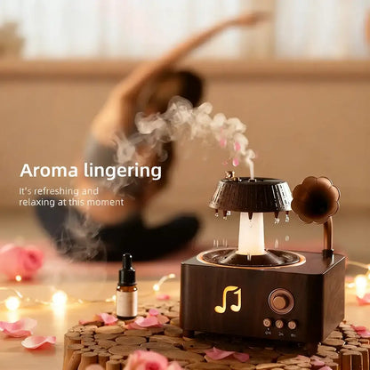 Wooden aroma diffuser with steam and candles in a blurred room setting
