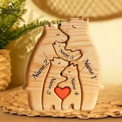 Wooden bear family ornament with engraved names and a red heart, branded 'ZenNest'.