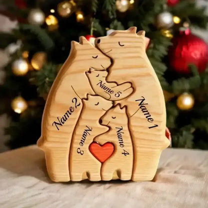 Wooden ornament with engraved names against a Christmas tree background