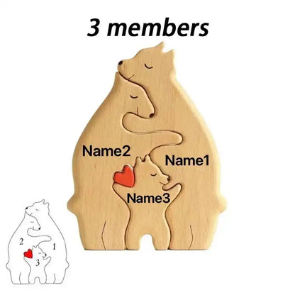 Wooden puzzle shaped like three bears with names and a heart, suitable for 3 members.