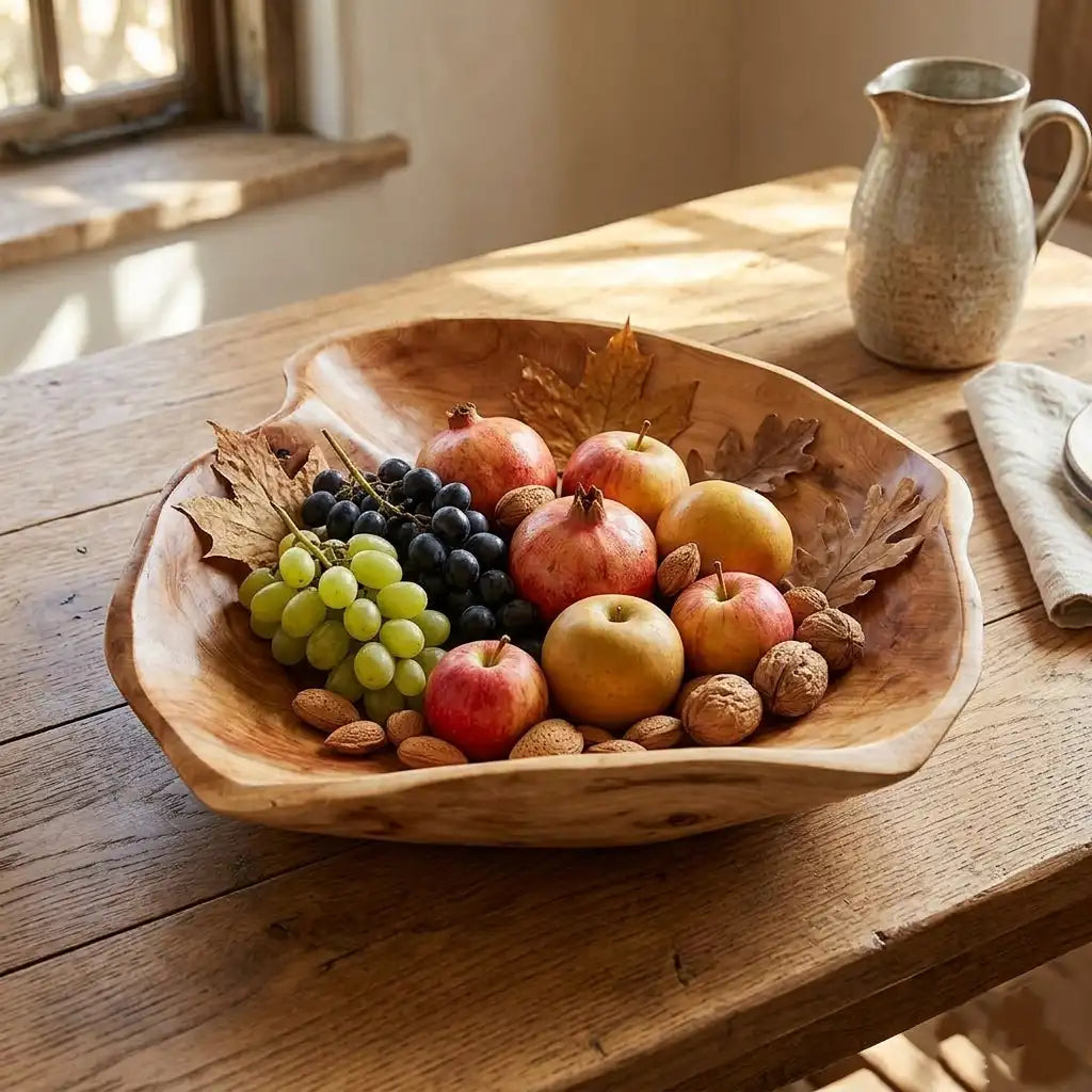 Wooden bowl filled with fruits and nuts on a wooden table