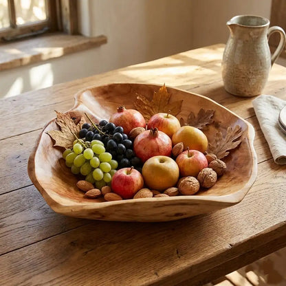 Wooden bowl filled with fruits and nuts on a wooden table