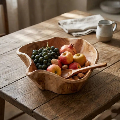 Wooden bowl with fruits and nuts on a wooden table