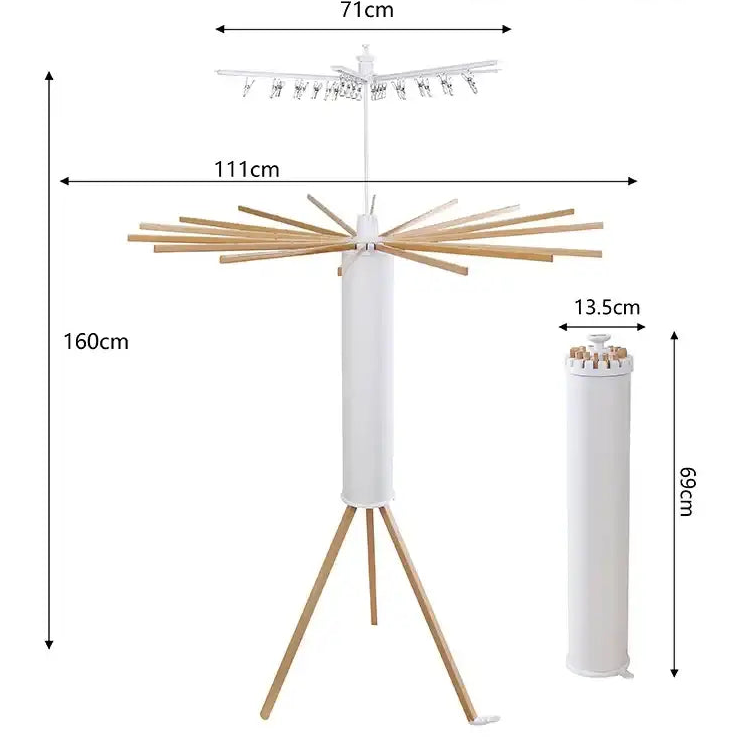 Wooden clothes rack with dimensions labeled on a white background